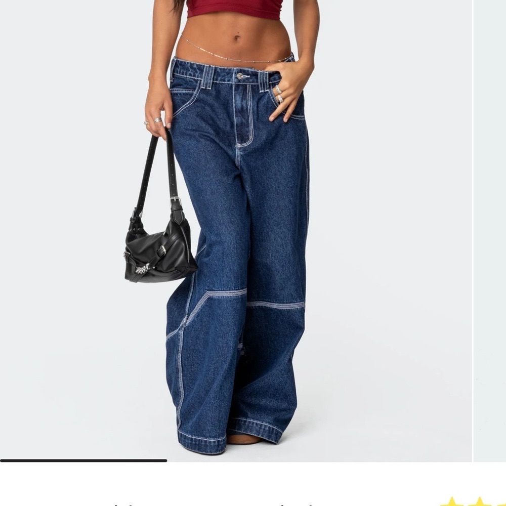 Edikted Dark Blue Wide Leg Flare Jeans